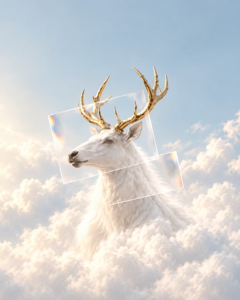 Weißer Hirsch mit goldenem Geweih aus Wolken. KI-generiertes Bild.